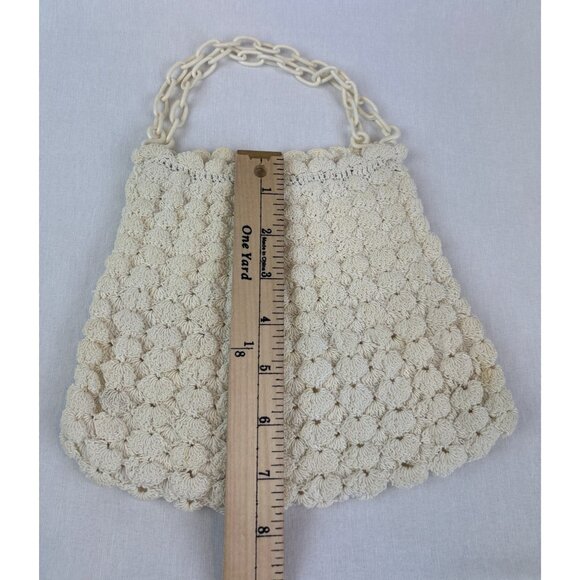 Vintage Cream Crochet Handbag Plastic Chain Double Strap Zipper Closure - Picture 10 of 11